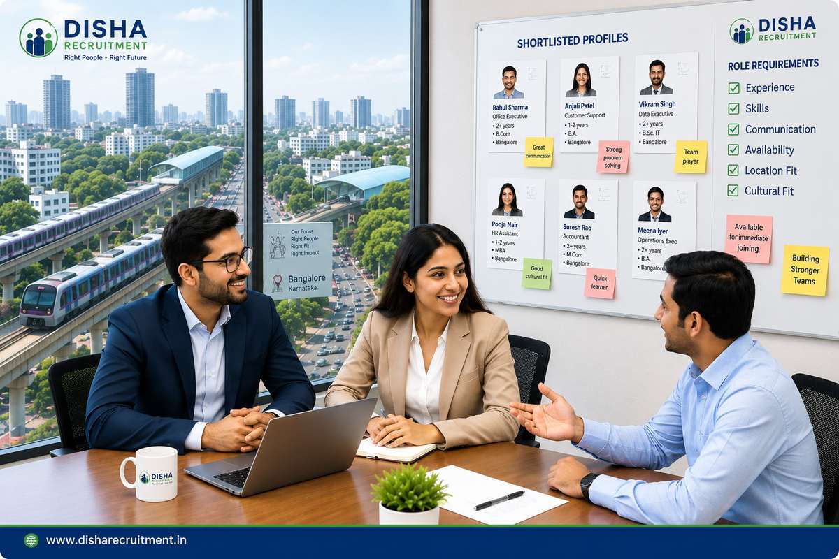 DISHA Recruitment team discussing hiring requirements with a business employer in Bangalore
