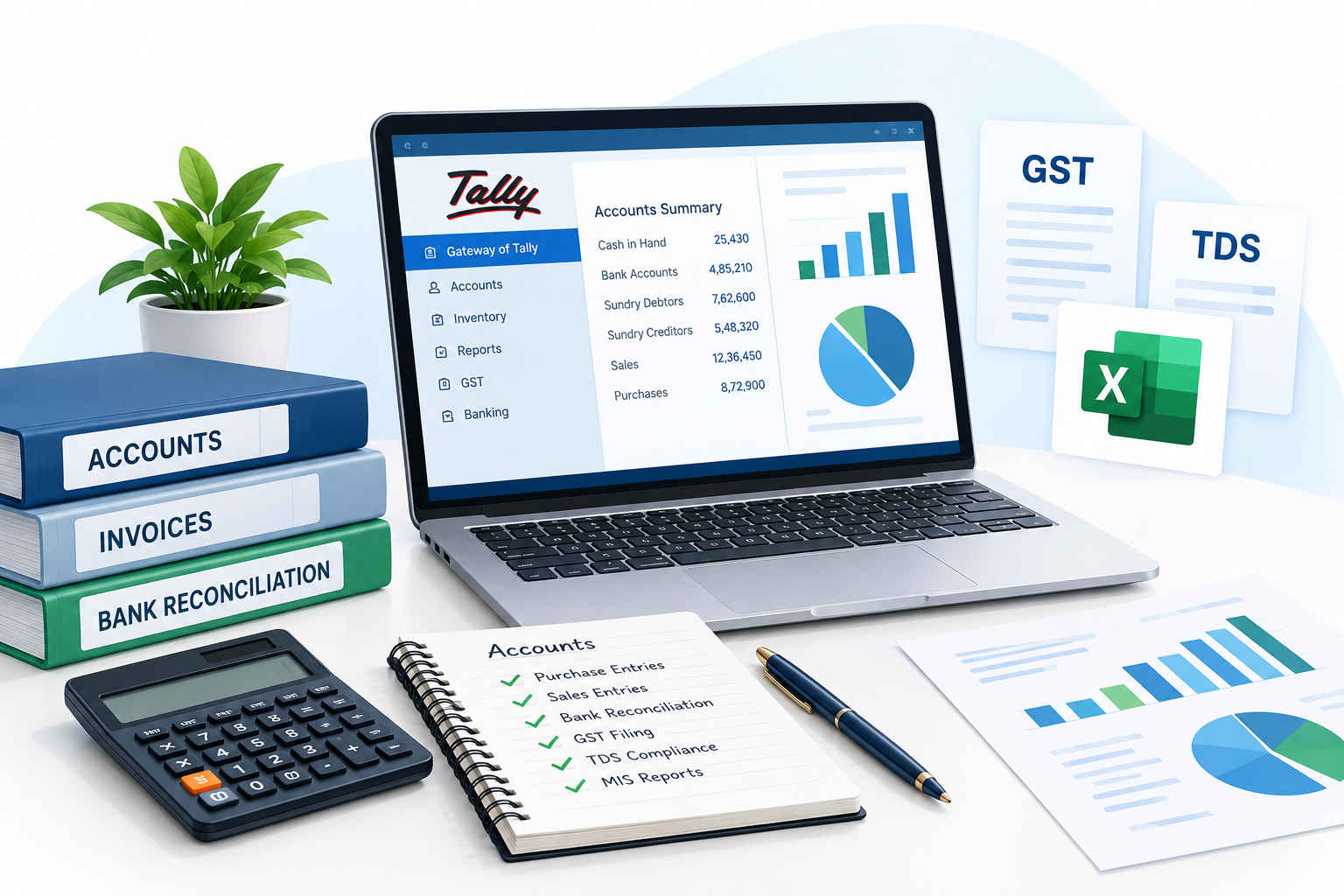 Accounts Executive workstation with Tally-style accounting dashboard, financial charts, calculator, GST and TDS records, and bank reconciliation files